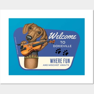 Cute Doxie Dog playing violin in Doxieville, USA Posters and Art